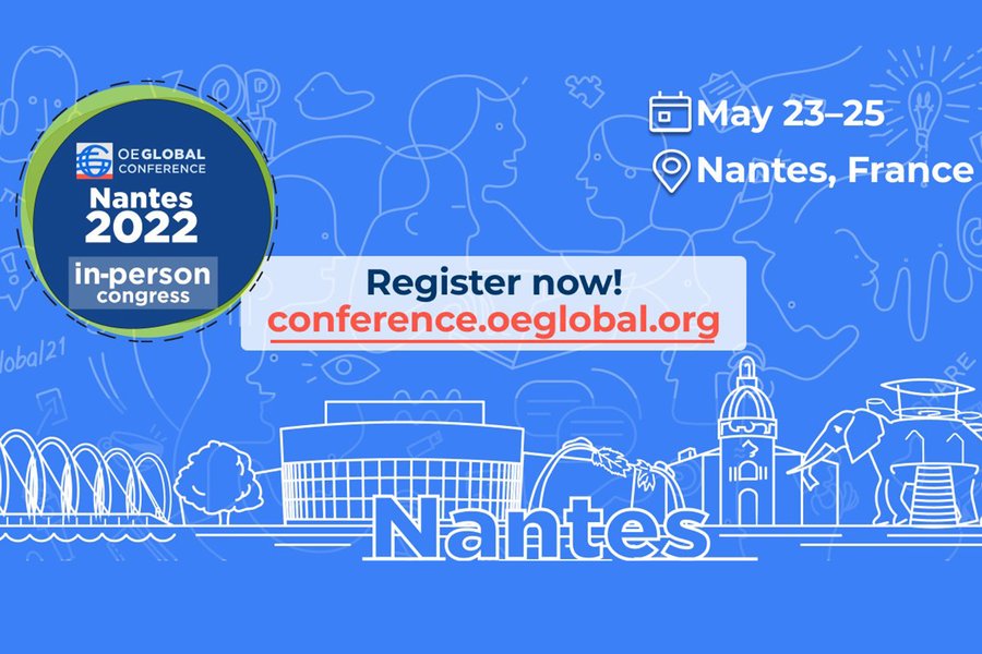 The graphic shows landmarks of the city of Nantes against a blue background. There is a call to register for the OE Gloabl Conference.