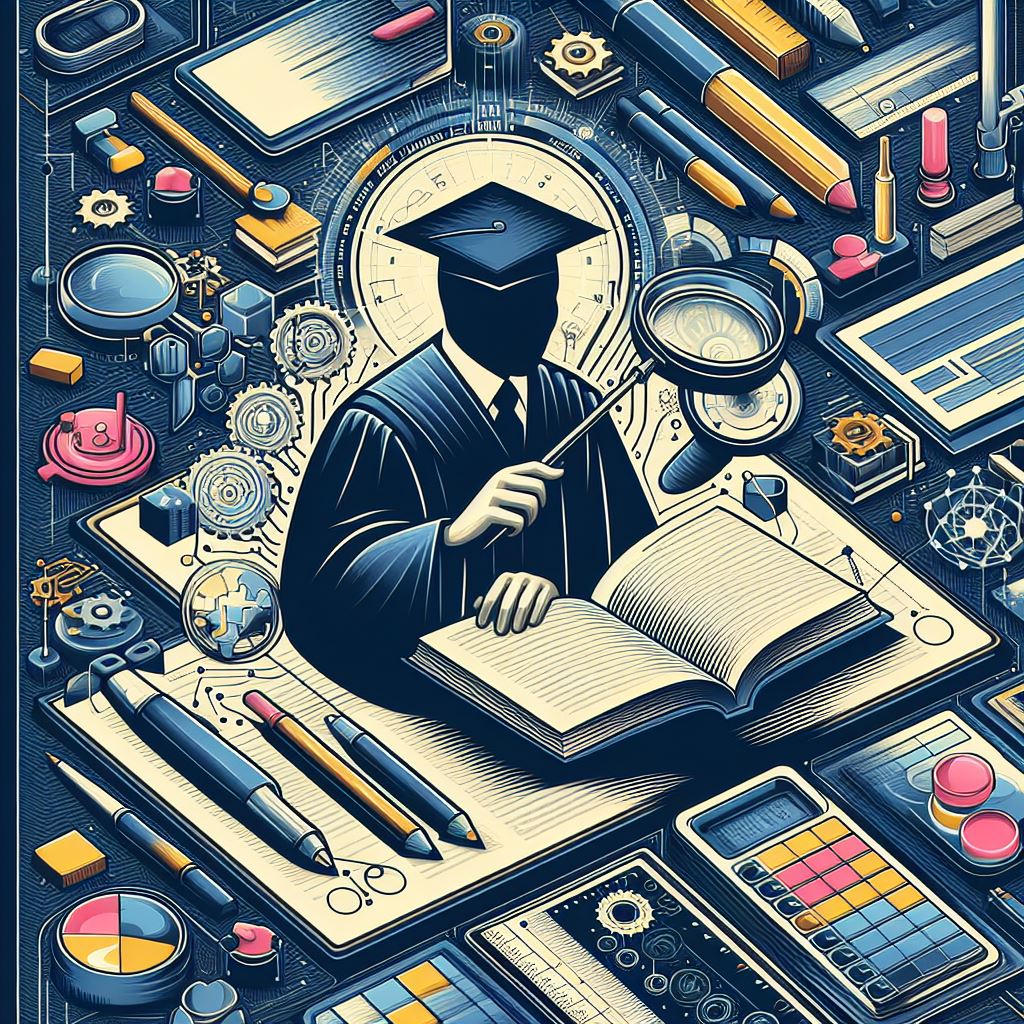 Illustration of an university student reading a book, surrounded by school supplies.