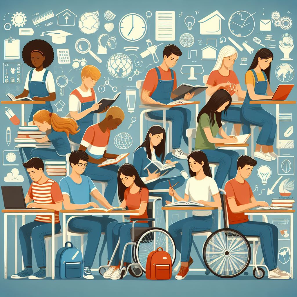 Drawing of many students (different skin colours) standing at tables or sitting (in wheelchairs) and reading books or working on notebooks. In the background, random symbols such as a clock, cogwheel, magnifying glass, ruler, etc.
