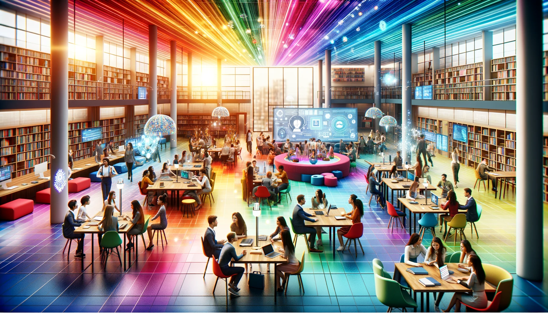 Large open library hall bathed in rainbow colours with pillars, tables in between with people sitting around them and a large central screen with a gathering of people in front of it