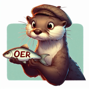 Ein Otter, der einen Fisch mit der Aufschrift „OER“ anbietet