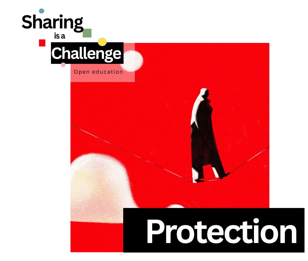 A man in the shadow walking on a line on a red sky. The logo of "Sharing is a challenge" is on the top left.