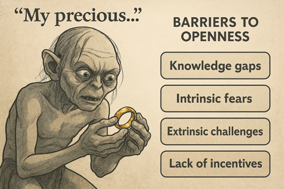 On the right, an image of Gollum with "My precious..." written above his head. On the left, a list entitled "Barriers to openness" with the following items: "Knowledge gaps", "Intrinsic fears", "Extrinsic challenges", and "Lack of incentives".