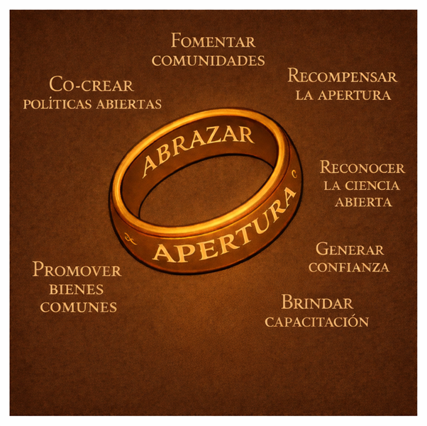 En el centro, el anillo donde está escrito (en inglés) «Abrazar apertura». Alrededor, las recomendaciones: «Fomentar comunidades», «Recompensar la apertura», «Reconocer la ciencia abierta», «Generar confianza», «Brindar capacitación», «Promover bienes comunes», «Co-crear políticas abiertas».