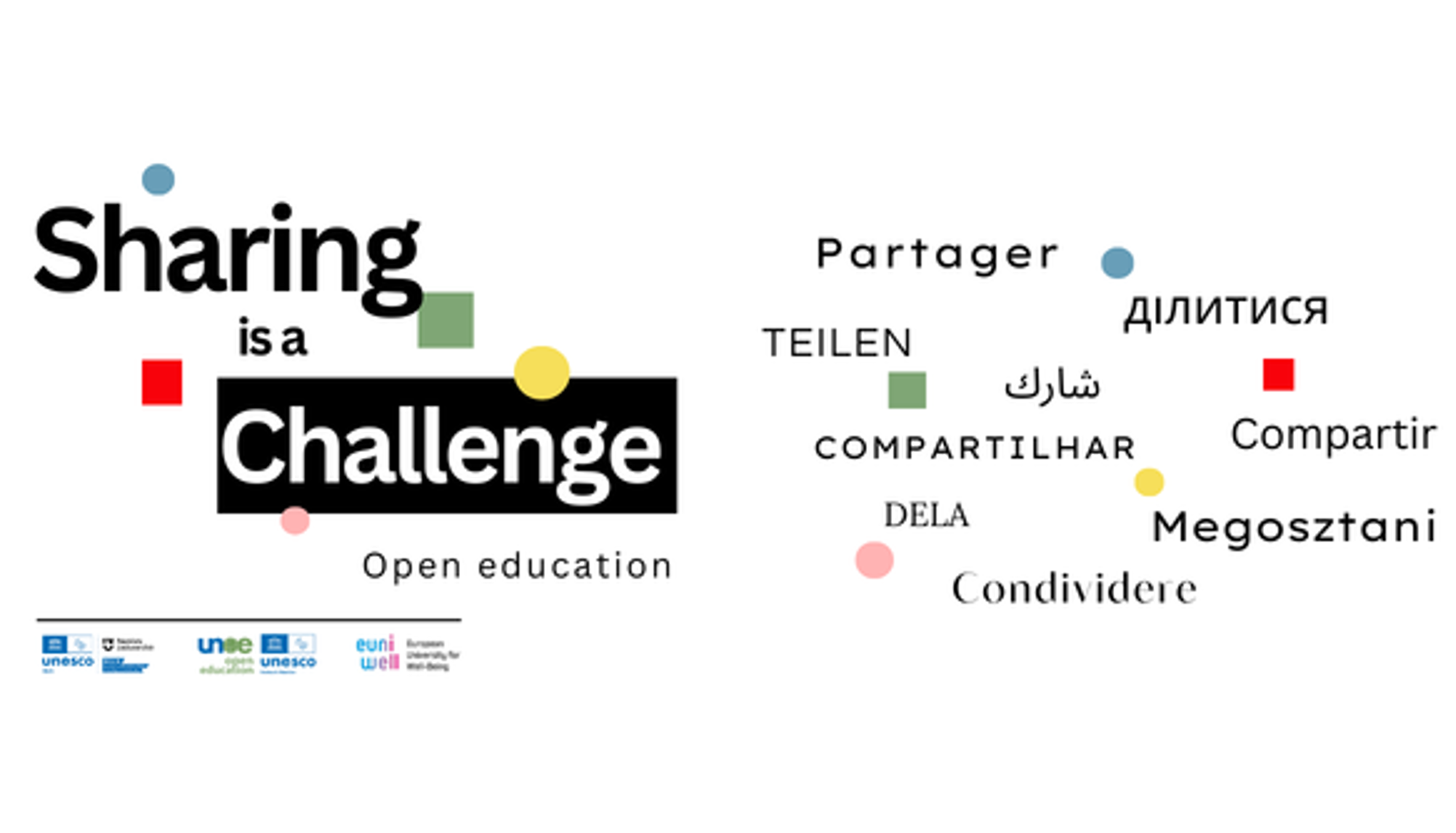 Sharing is a challenge logo with the translation of "to share" in different languages.