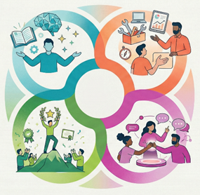 An illustrated infographic divided into four sections, covering the themes of learning, teamwork, achievements and collaboration. Each section features various characters engaged in activities such as studying, discussing and celebrating successes.