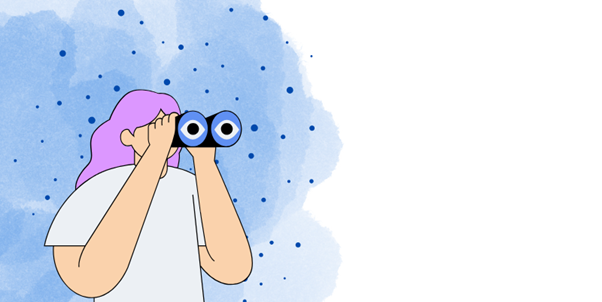 Una ilustración de una mujer que mira a lo lejos con unos prismáticos.