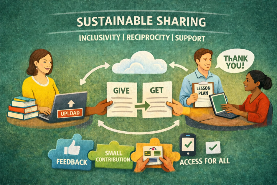 An illustration depicting the concept of sustainable sharing, featuring people uploading, exchanging lesson plans, and icons representing feedback, contributions, and access for all. Text highlights inclusivity, reciprocity, and support.