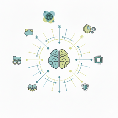 Ilustración de un cerebro, en el centro, rodeado de otras ilustraciones: un globo terráqueo, un cronómetro, un chip de ordenador, un escudo, libros, una carpeta y una carpeta en la nube.