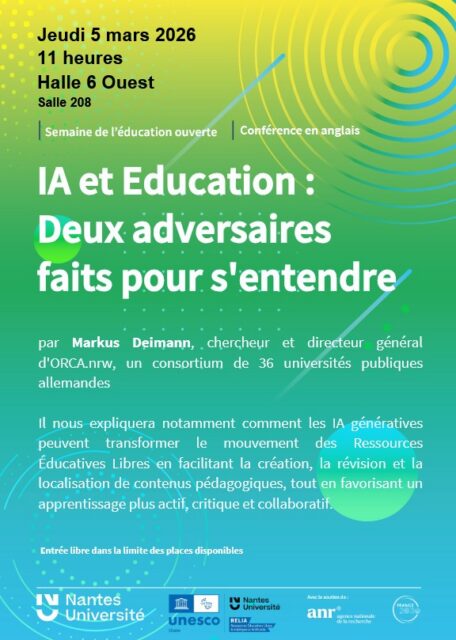 Poster of Markus Deimann conference entitled "AI and Education: two opponents made to get on well".